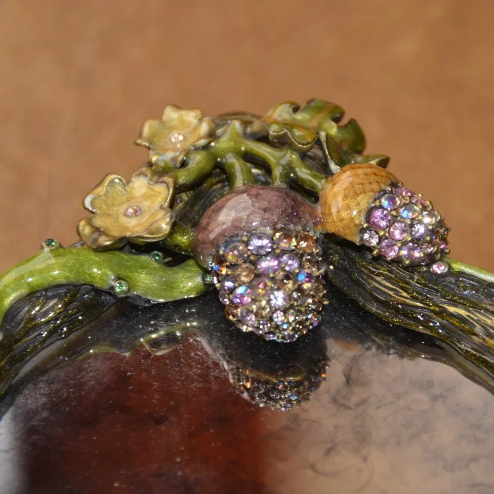 JAY STRONGWATER AUTUMN LEAF TWIG ACORN CRYSTAL ENAMEL MIRROR VANITY TRAY